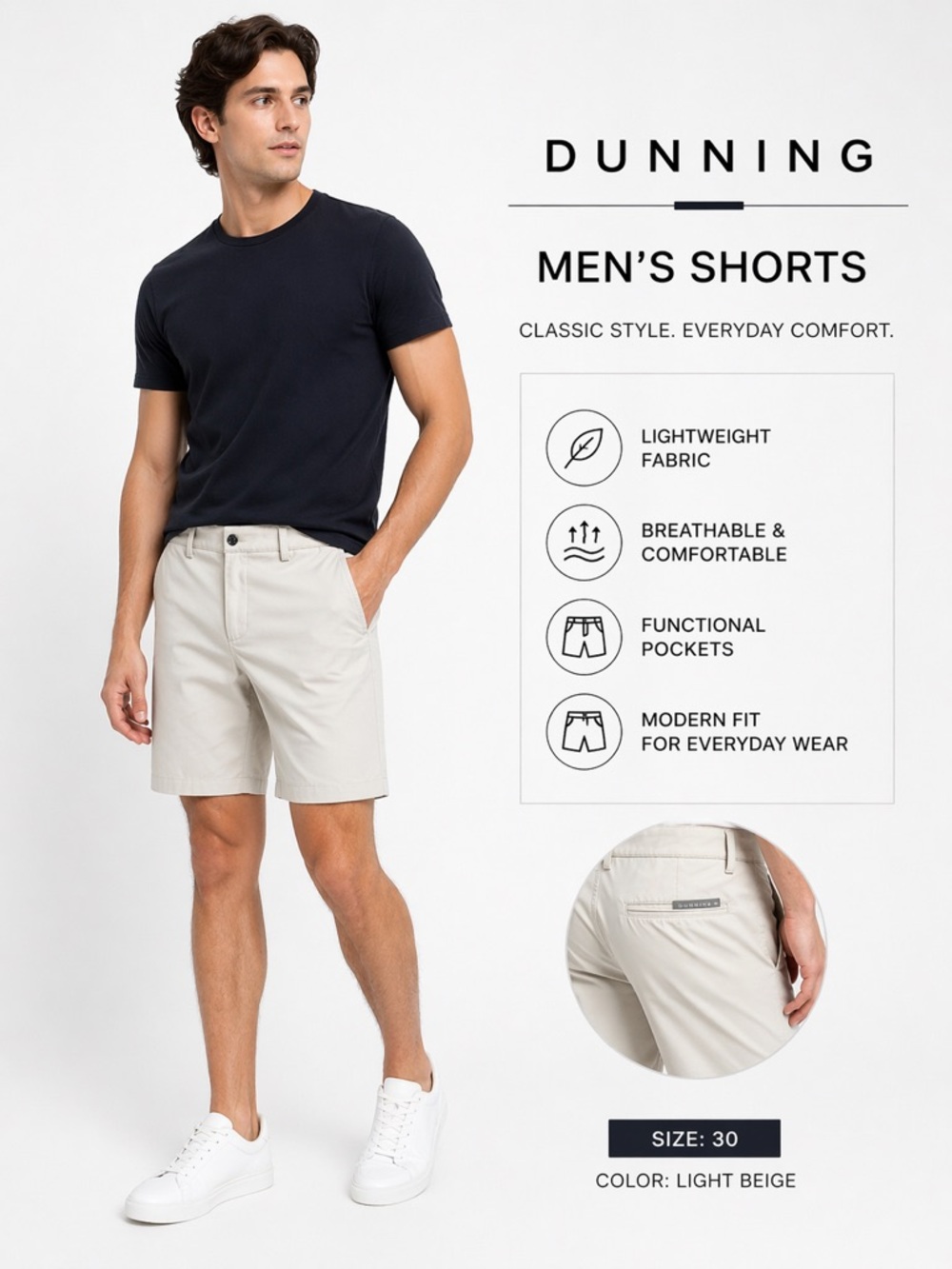 Dunning Men’s Light Beige Flat-Front Shorts